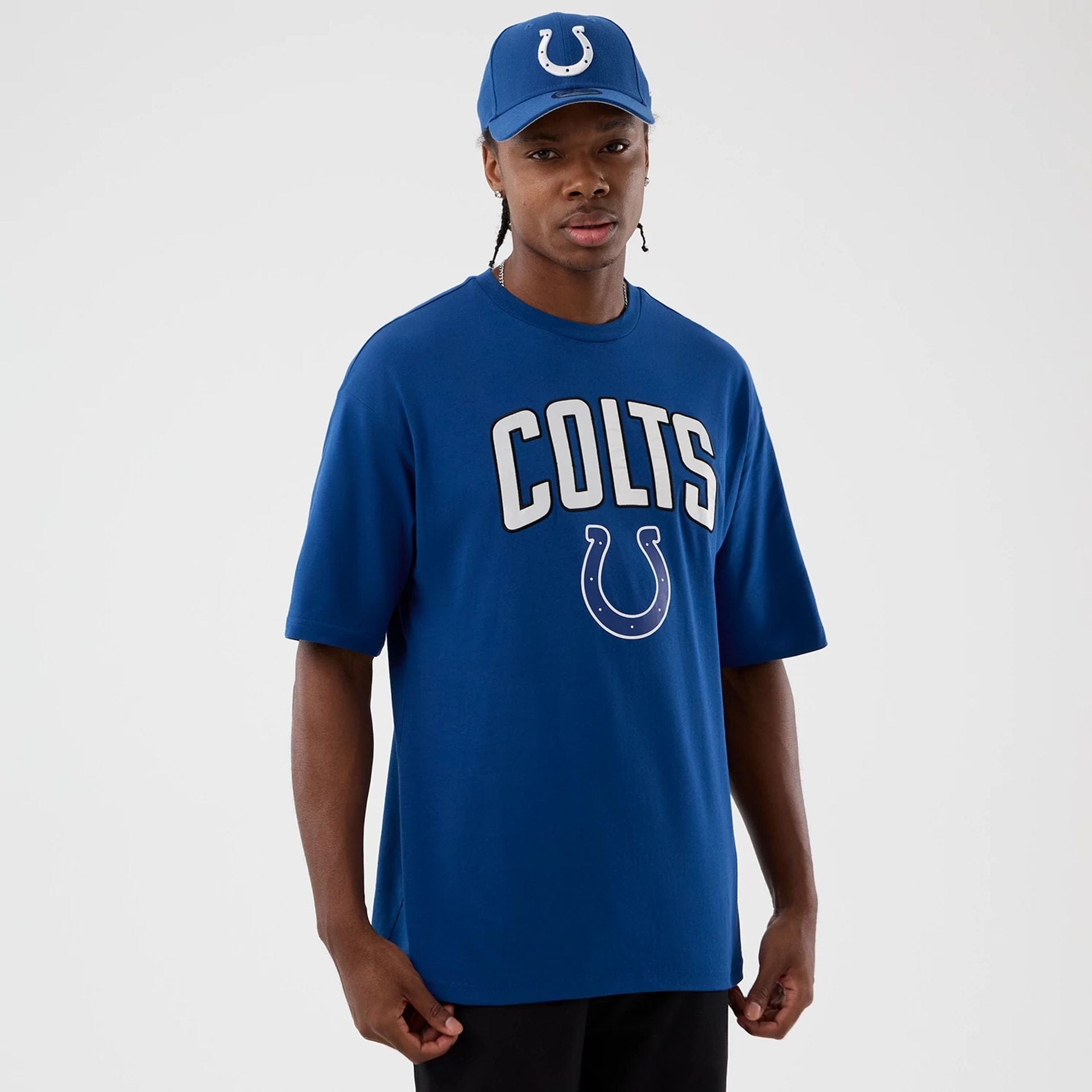 The Male model is wearing Indianapolis Colts NFL International Series Games Blue Oversized T-Shirt  1