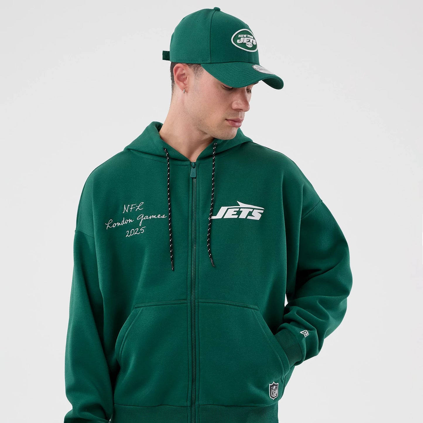 The Male model is wearing New York Jets NFL International Series Games Green Full Zip Hoodie 5
