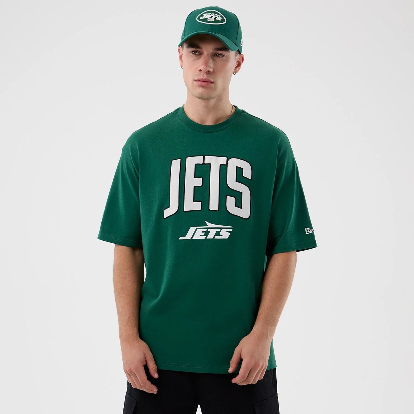 The Male model is wearing New York Jets NFL International Series Games Green Oversized T-Shirt  1