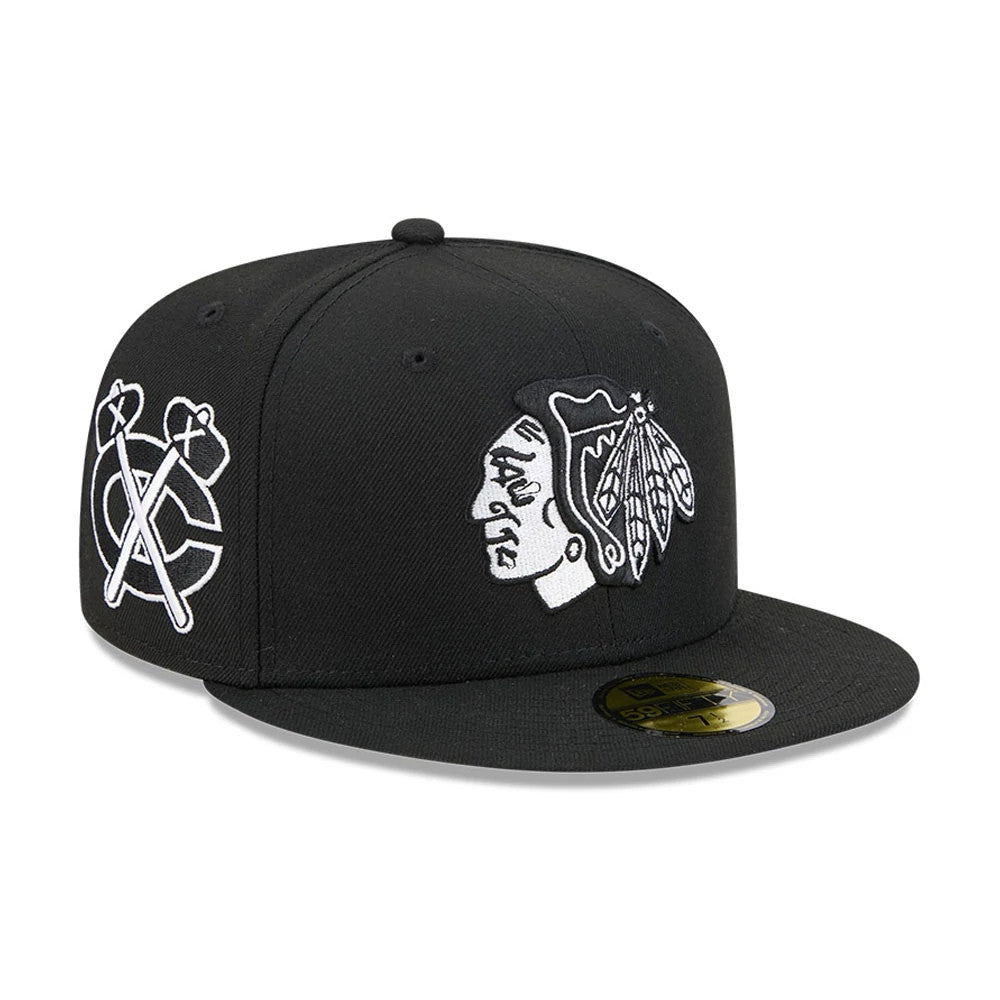 Pictured is this NHL Evergreen Chicago Blackhawks 59FIFTY Fitted cap in black. 1