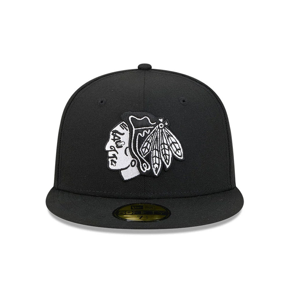 Pictured is this NHL Evergreen Chicago Blackhawks 59FIFTY Fitted cap in black. 3