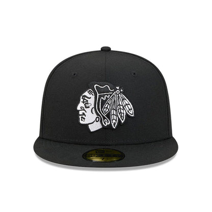 Pictured is this NHL Evergreen Chicago Blackhawks 59FIFTY Fitted cap in black. 3