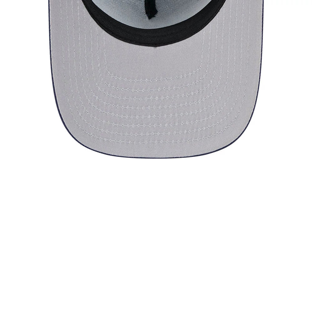 Maple Leafs NHL Evergreen Navy New Era 9FIFTY A-Frame Snapback Adjustable Cap, inside view showing grey undervisor with black taping and a matching sweatband beneath the structured crown.