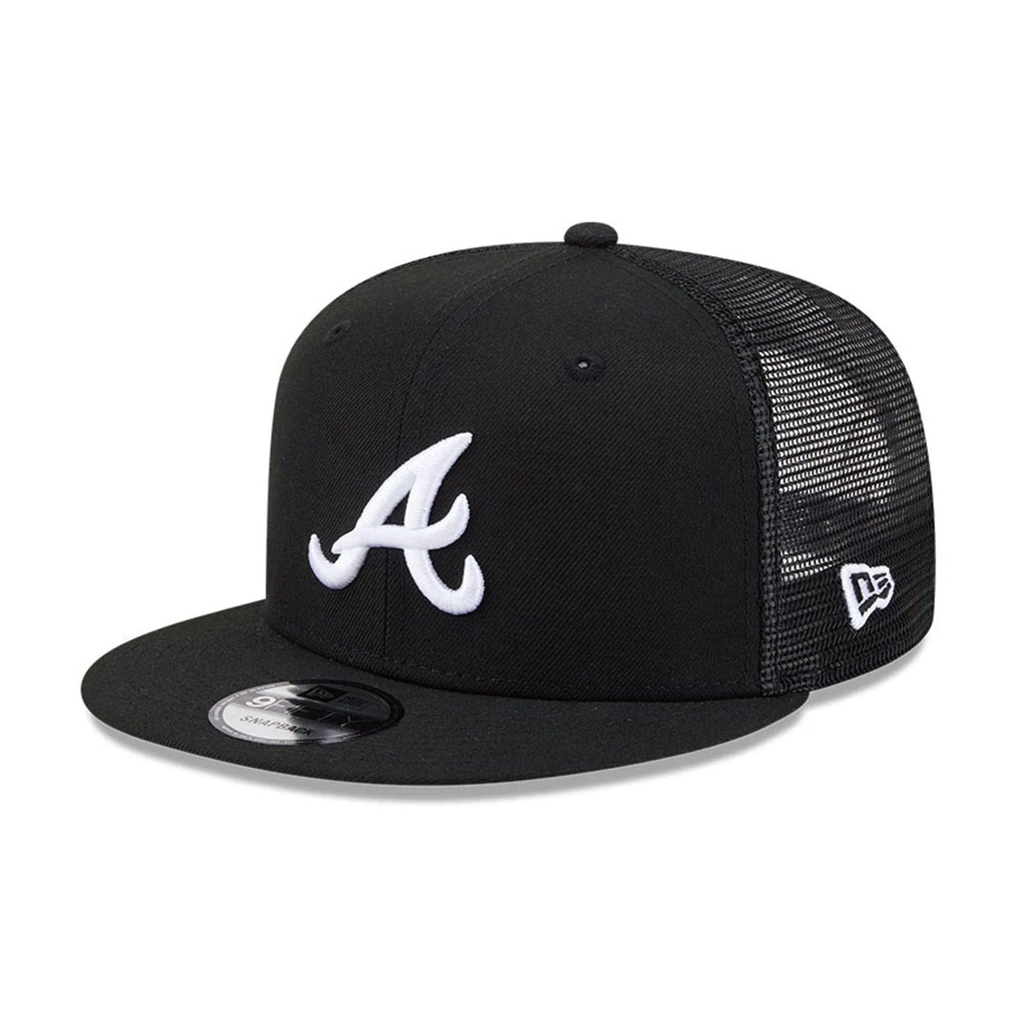 Pictured is this MLB Evergreen Atlanta Braves 9FIFTY Trucker cap in black. 1
