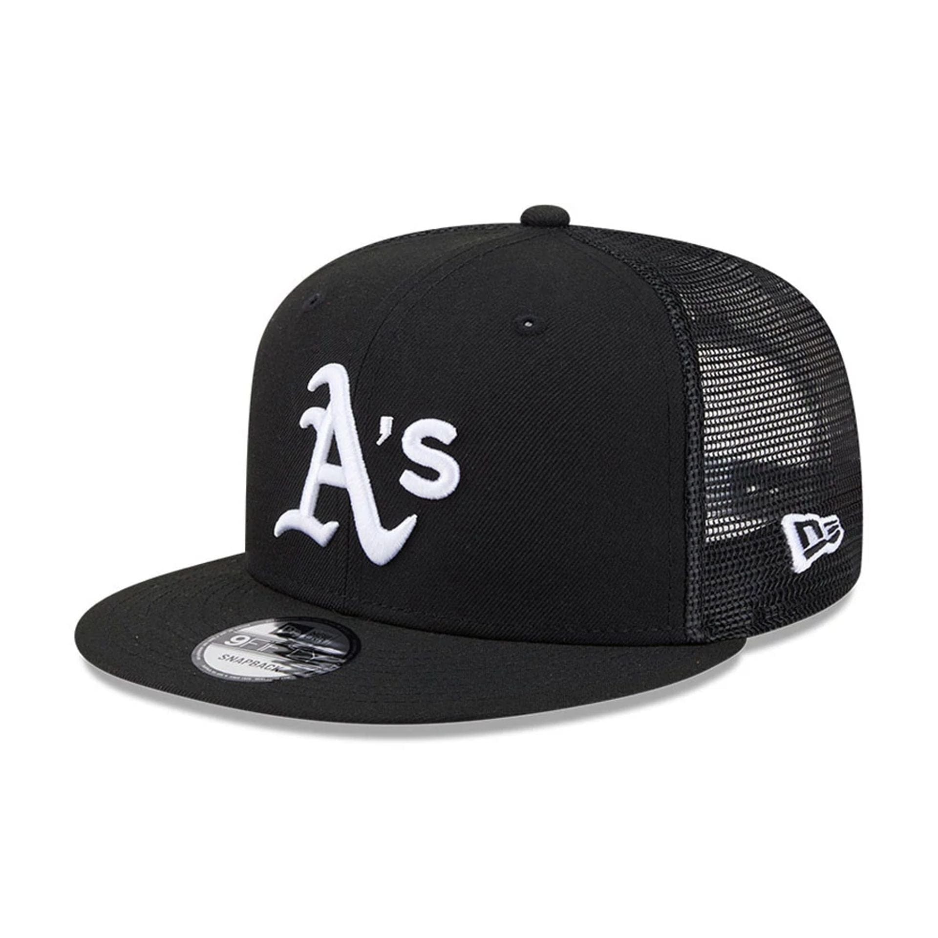 Pictured is this MLB Evergreen Athletics 9FIFTY Trucker cap in black. 1