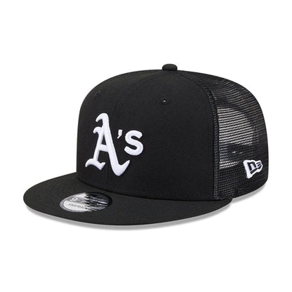 Pictured is this MLB Evergreen Athletics 9FIFTY Trucker cap in black. 1