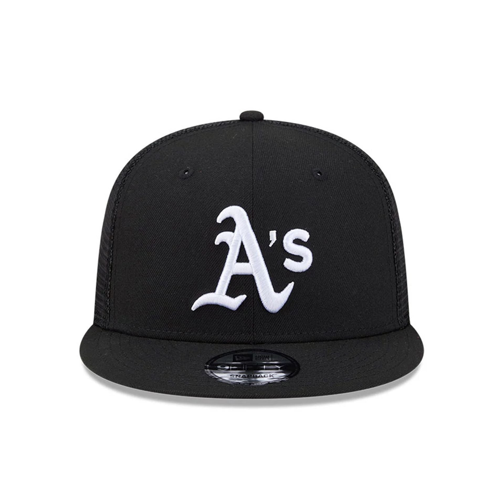 Pictured is this MLB Evergreen Athletics 9FIFTY Trucker cap in black. 3