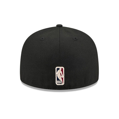 Orlando Magic NBA Hardwood Classic Black New Era 59FIFTY Fitted Cap, rear view showing the embroidered white and blue NBA logo at the centre of the black back panels, highlighting the structured design and top button.