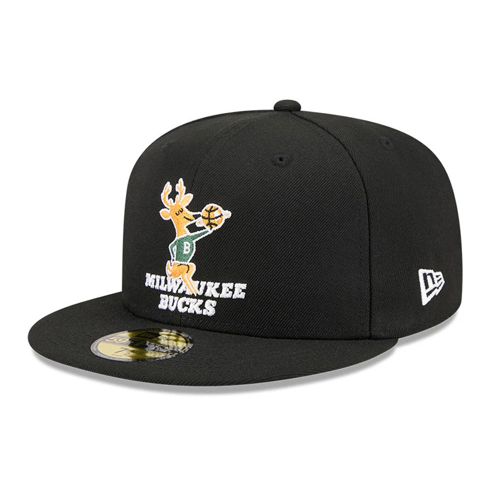 Pictured is this NBA Hardwood Classic Anniversary Milwaukee Bucks 59FIFTY Fitted cap in black. 4