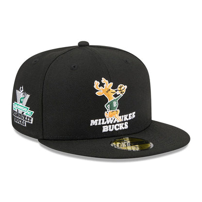 Pictured is this NBA Hardwood Classic Anniversary Milwaukee Bucks 59FIFTY Fitted cap in black. 1