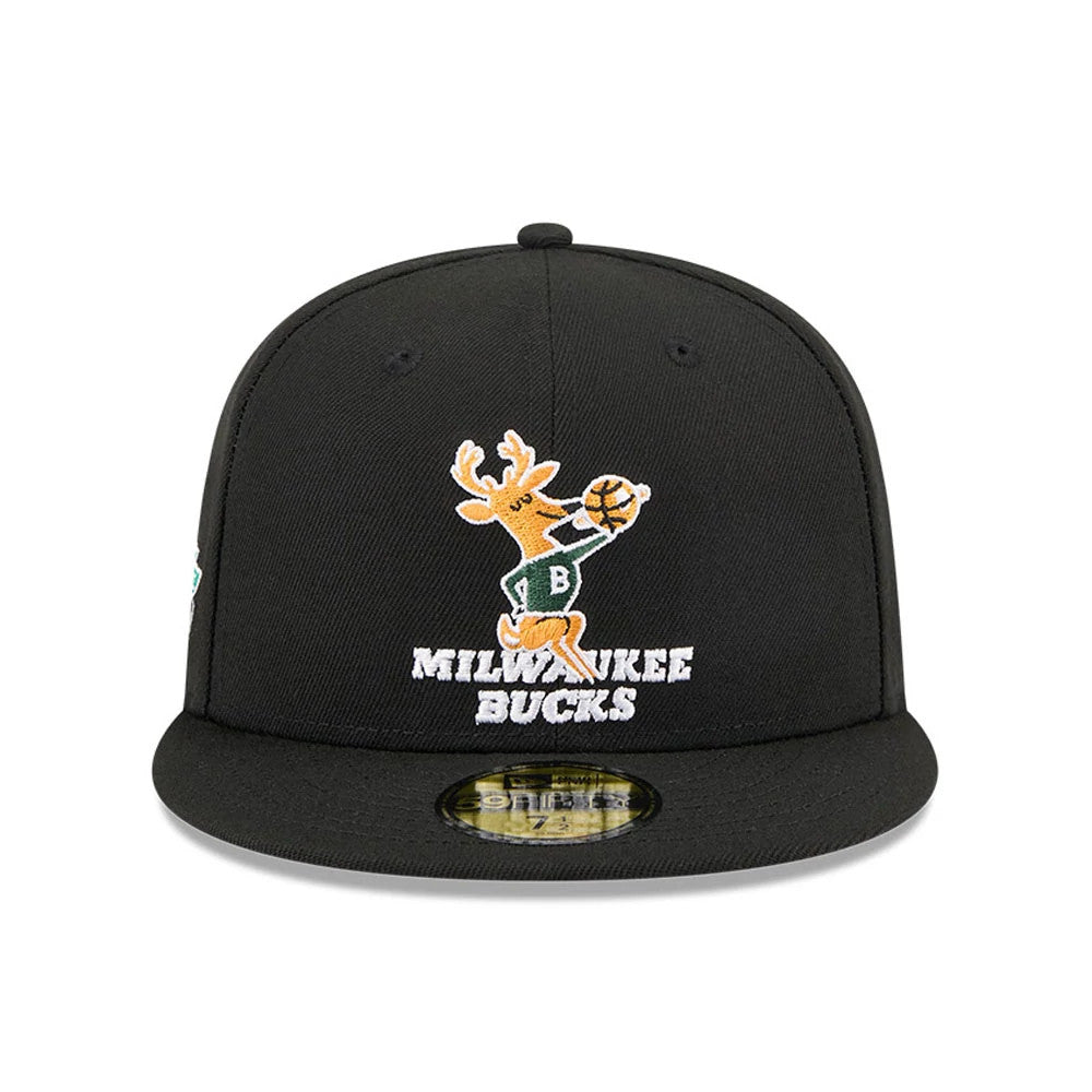 Pictured is this NBA Hardwood Classic Anniversary Milwaukee Bucks 59FIFTY Fitted cap in black. 3
