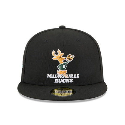 Pictured is this NBA Hardwood Classic Anniversary Milwaukee Bucks 59FIFTY Fitted cap in black. 3