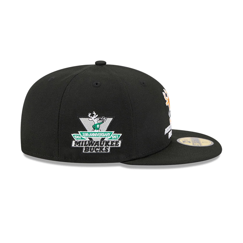 Pictured is this NBA Hardwood Classic Anniversary Milwaukee Bucks 59FIFTY Fitted cap in black. 5