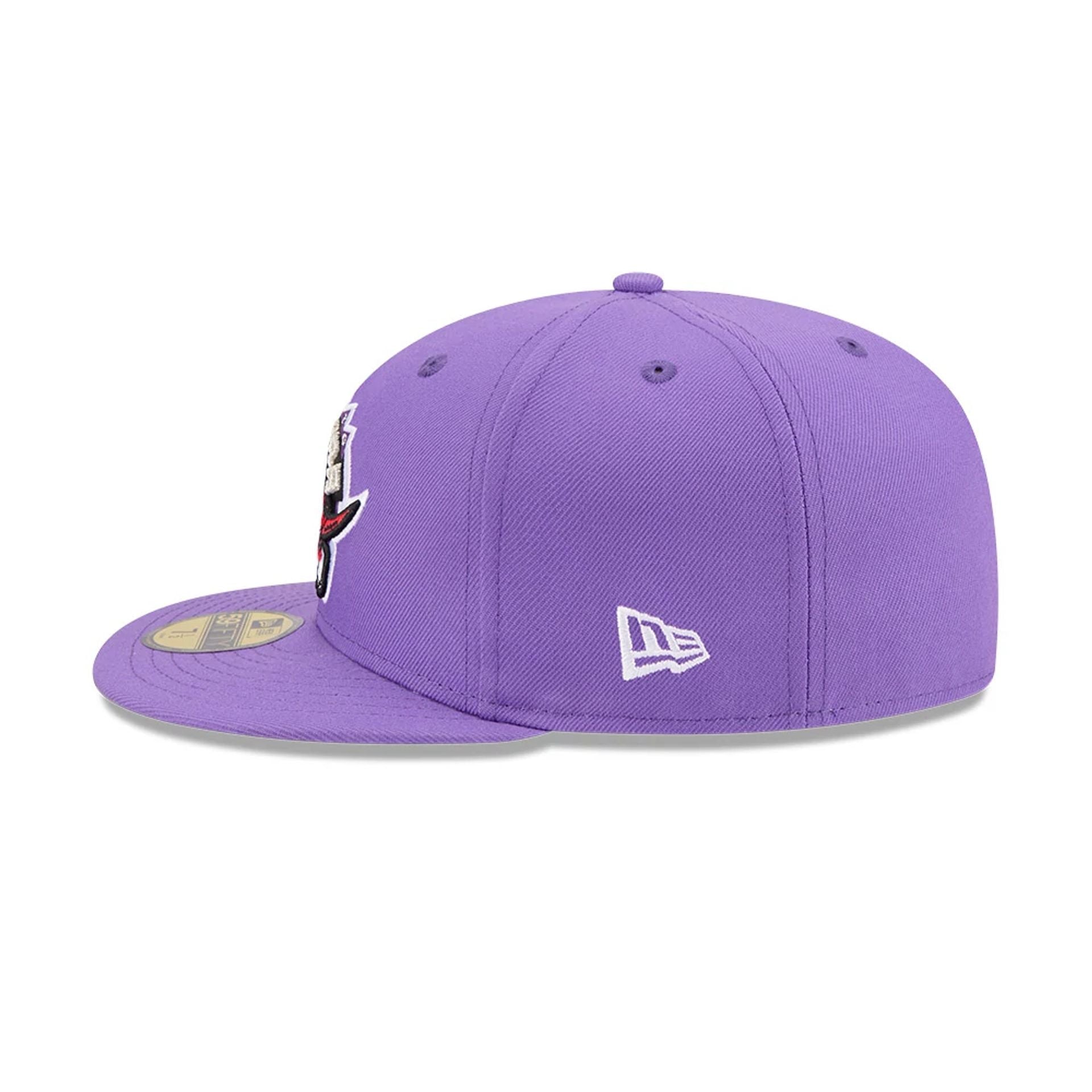 Pictured is this NBA Hardwood Classic Toronto Raptors 59FIFTY Fitted cap in bright purple. 7