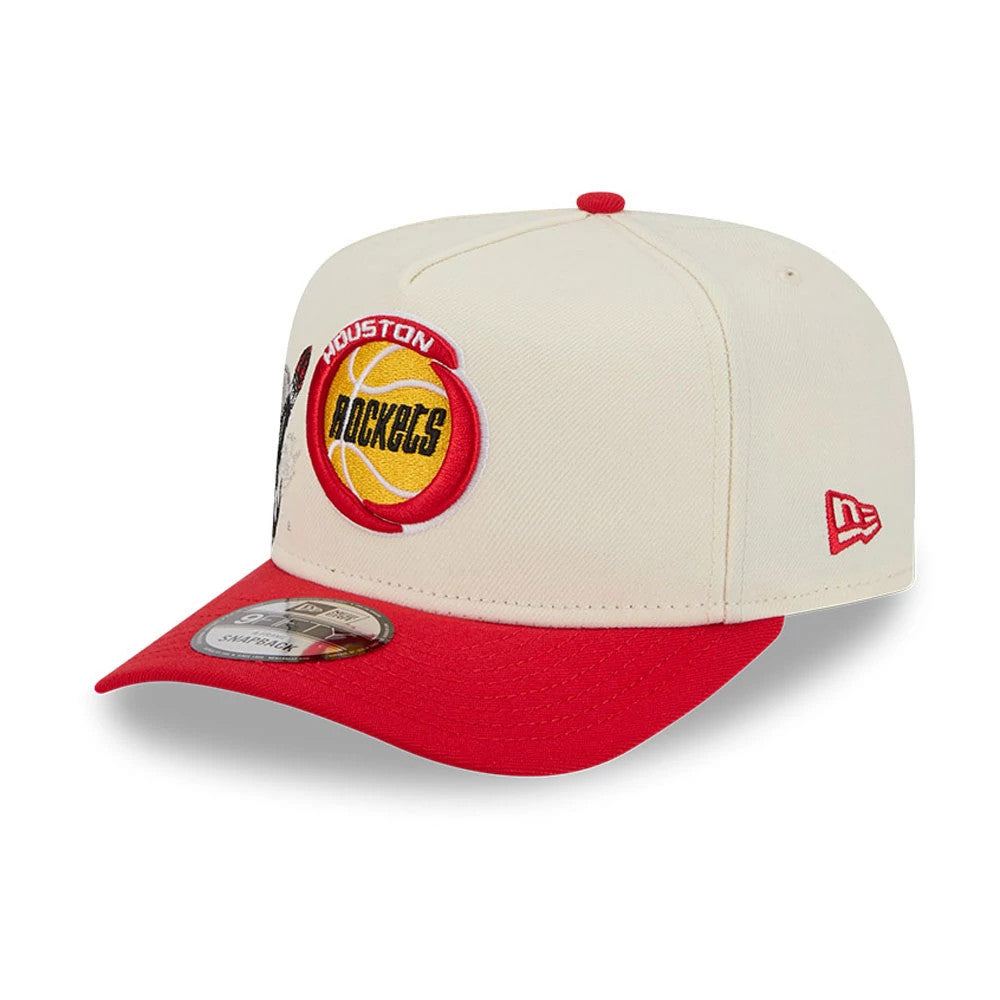 Houston Rockets NBA Red New Era 9FIFTY A-Frame Snapback Adjustable Cap, three-quarter view showing the red and yellow embroidered team logo on the front panel, a red visor with a 9FIFTY size sticker, and the New Era flag logo on the left side.