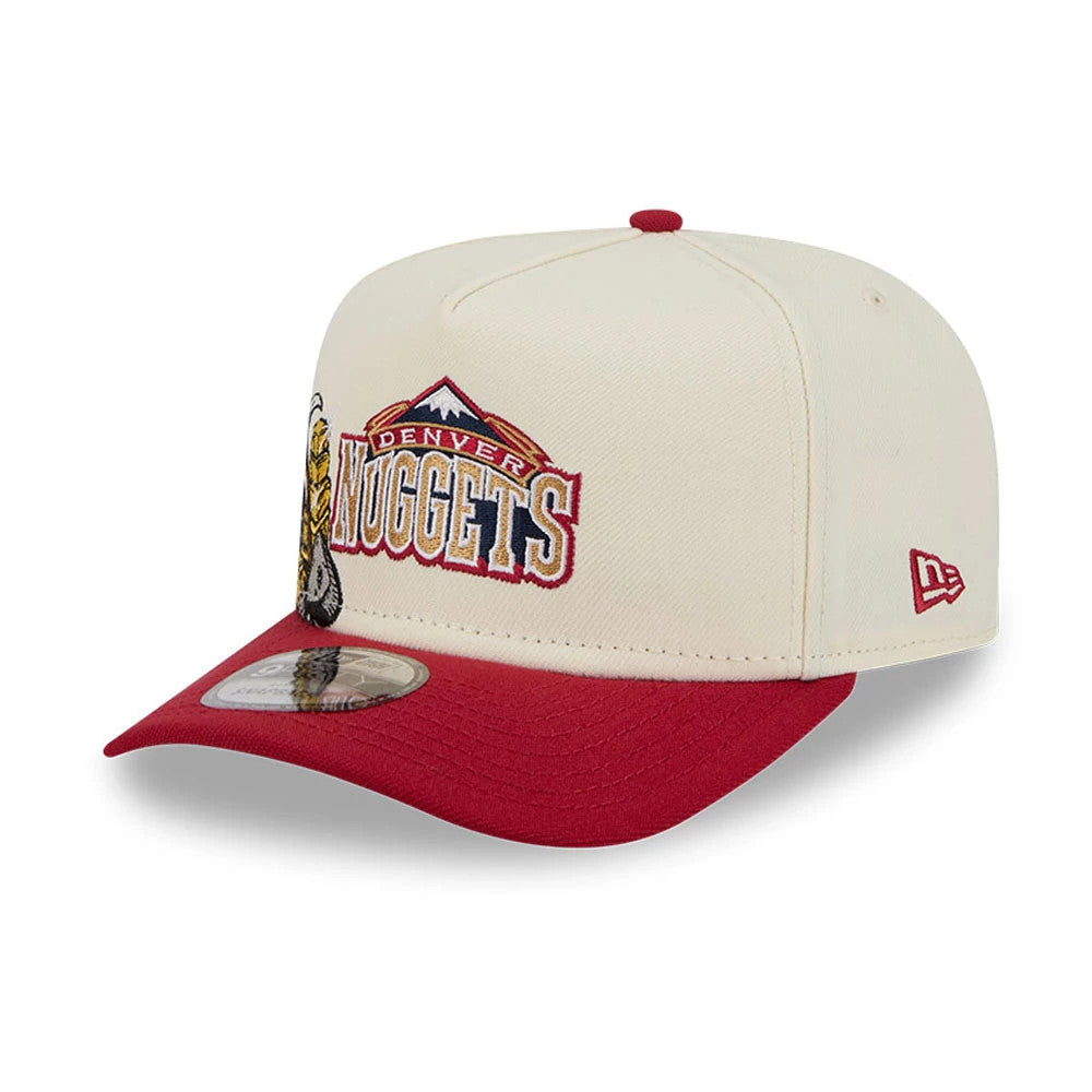 Denver Nuggets NBA Dark Red New Era 9FIFTY A-Frame Snapback Adjustable Cap, three-quarter view showing the raised embroidered team logo on the front panel, dark red visor, and New Era flag logo on the left side.