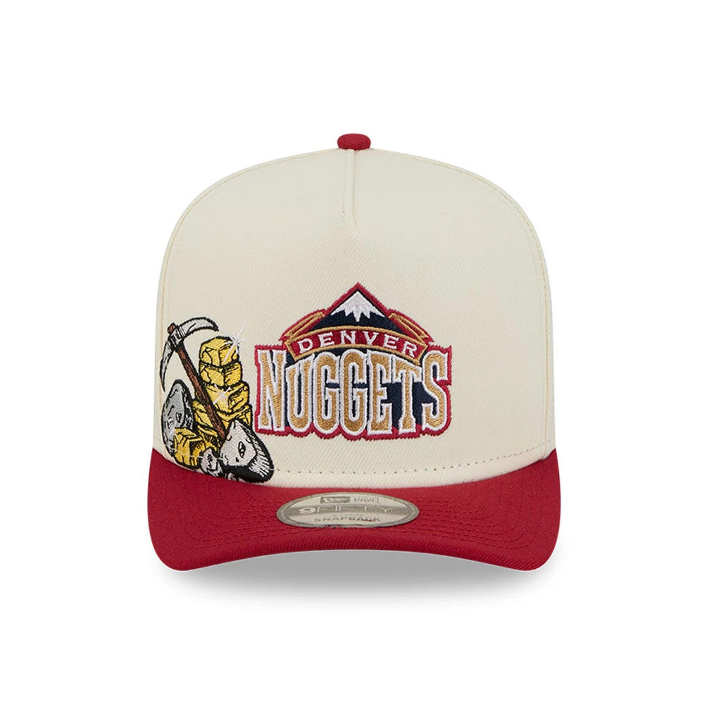Denver Nuggets NBA Dark Red New Era 9FIFTY A-Frame Snapback Adjustable Cap, front view showing the detailed embroidered Nuggets mountain and mining tools logo on the cream front panel, with a contrasting dark red visor and 9FIFTY size sticker.
