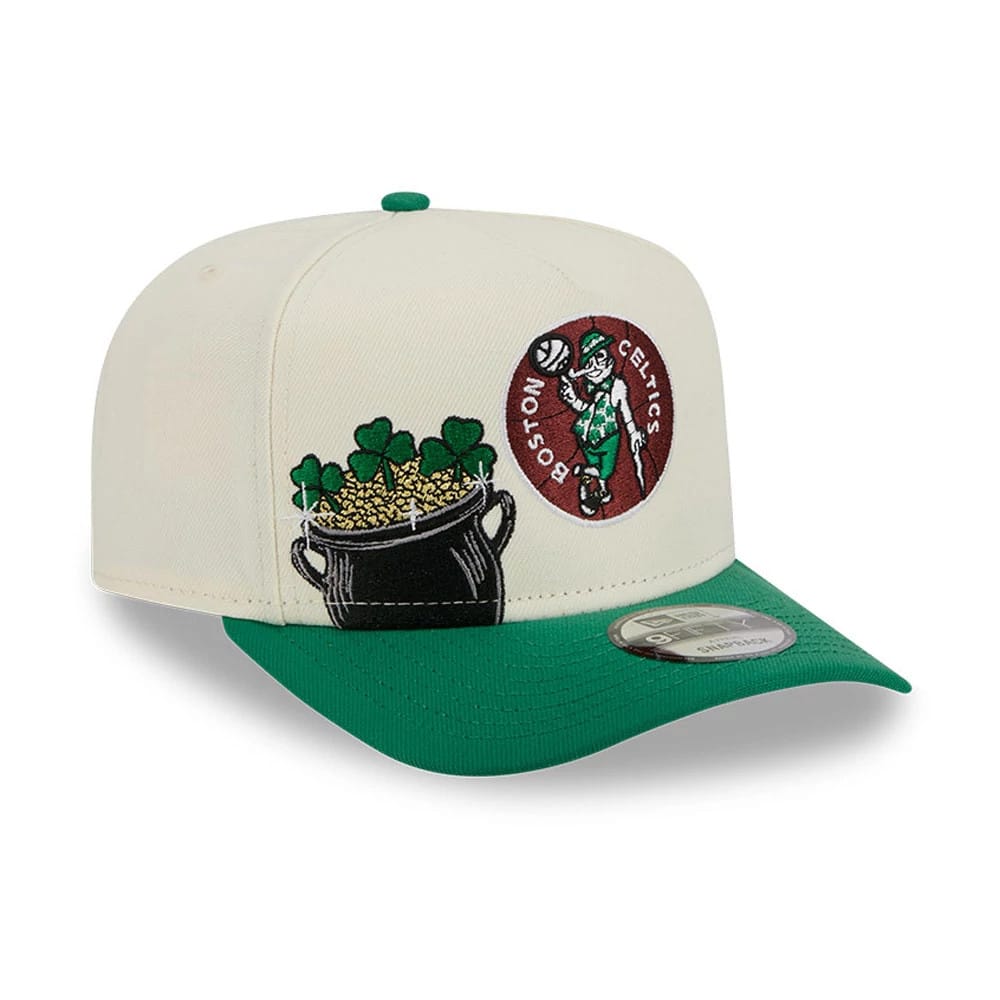 Pictured is this NBA Hardwood Classic Boston Celtics 9FIFTY A-Frame Snapback cap in cream. 1