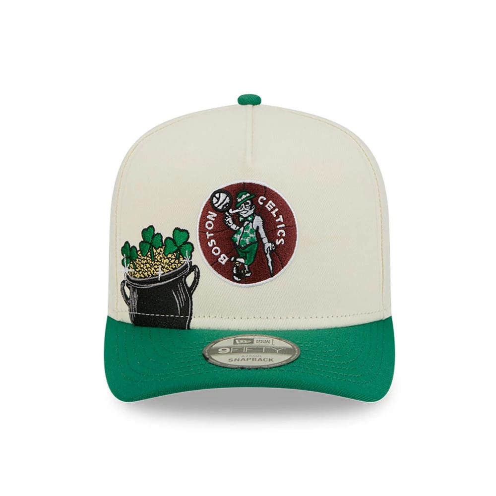 Pictured is this NBA Hardwood Classic Boston Celtics 9FIFTY A-Frame Snapback cap in cream. 3