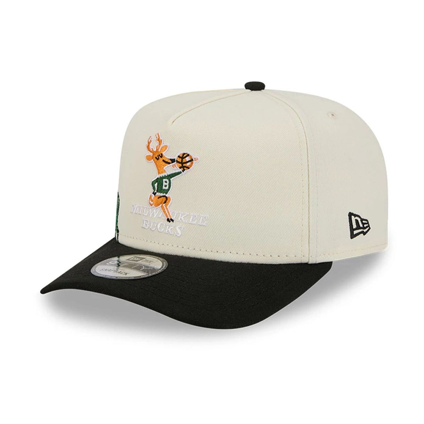 Pictured is this NBA Hardwood Classic Milwaukee Bucks 9FIFTY A-Frame Snapback cap in black. 4