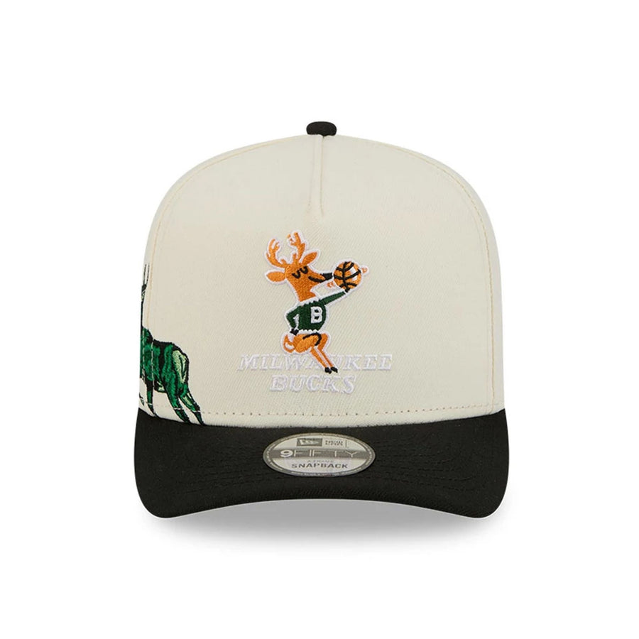 Pictured is this NBA Hardwood Classic Milwaukee Bucks 9FIFTY A-Frame Snapback cap in black. 3