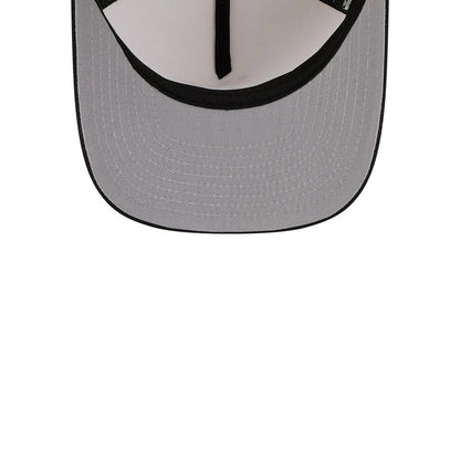 Milwaukee Bucks NBA Black New Era 9FIFTY A-Frame Snapback Adjustable Cap, inside view showing the grey undervisor, black sweatband, and taping, highlighting the interior construction of the cap.