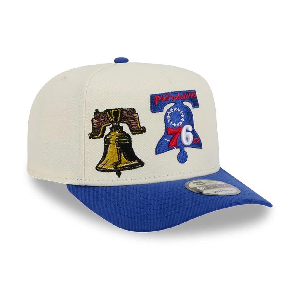 Pictured is this NBA Hardwood Classic Philadelphia 76ers 9FIFTY A-Frame Snapback cap in blue. 1