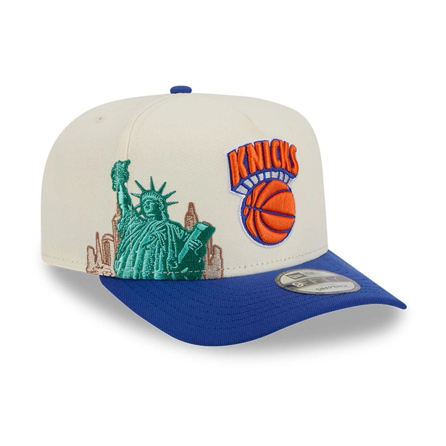 Pictured is this NBA Hardwood Classic New York Knicks 9FIFTY A-Frame Snapback cap in blue. 1