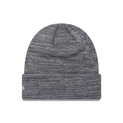 New Era Newcastle United FC Retro Grey Cuff knit Beanie Hat, front view showing a marled grey knit pattern with a soft, rounded crown and a turned-up cuff featuring the embroidered New Era flag logo on the left side.
