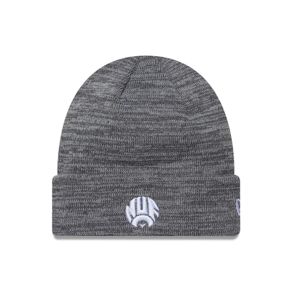 New Era Newcastle United FC Retro Grey Cuff knit Beanie Hat, front view showing a white embroidered NUFC logo centred on the grey cuff, with a marled knit pattern throughout the fabric.
