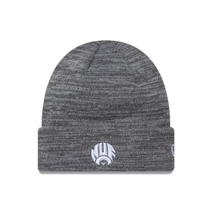 New Era Newcastle United FC Retro Grey Cuff knit Beanie Hat, front view showing a white embroidered NUFC logo centred on the grey cuff, with a marled knit pattern throughout the fabric.