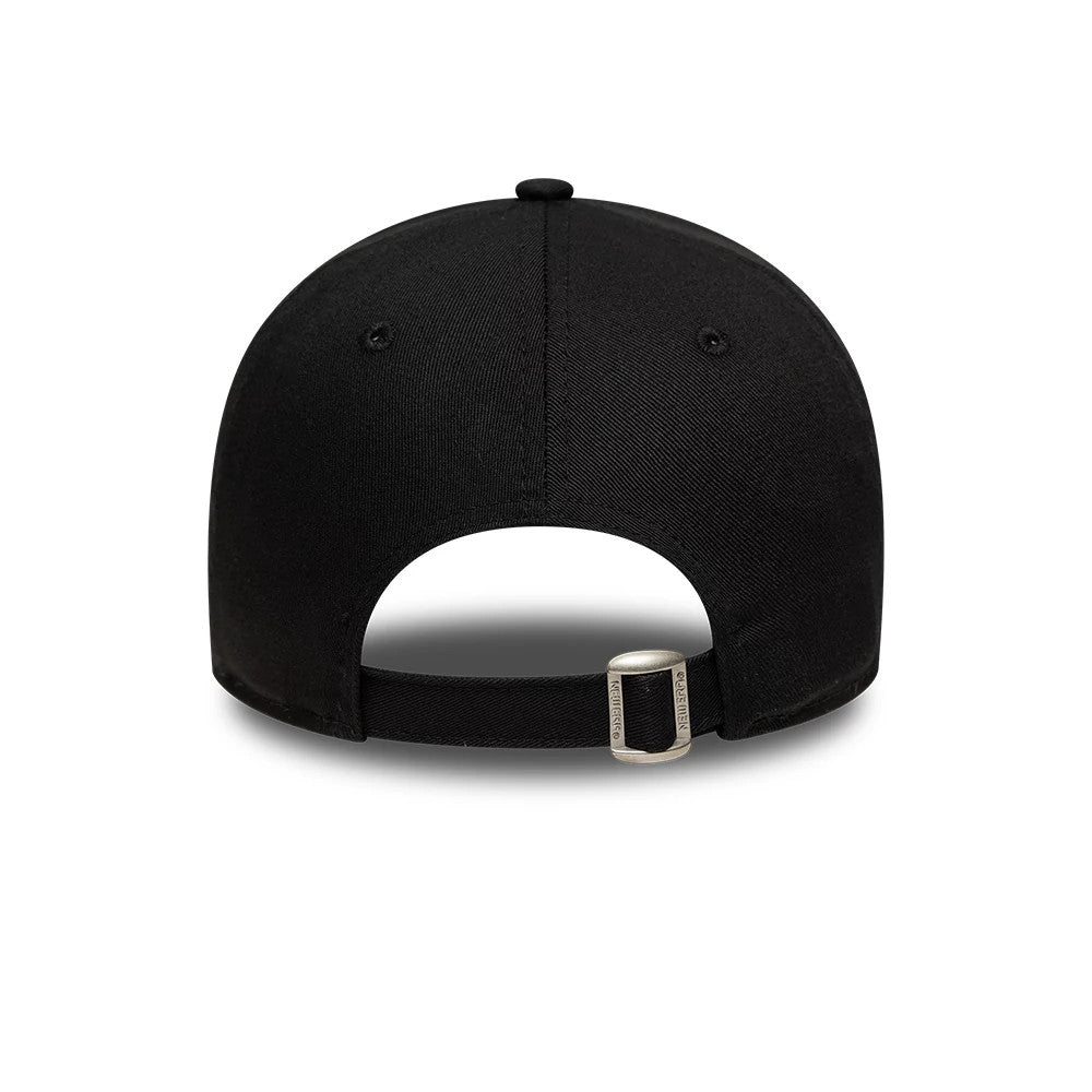 New Era Slogan Background Talent Black 9TWENTY Adjustable Cap, rear view featuring the unstructured black crown with a buckle fastener and black fabric strap for easy adjustment.