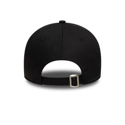 New Era Slogan Background Talent Black 9TWENTY Adjustable Cap, rear view featuring the unstructured black crown with a buckle fastener and black fabric strap for easy adjustment.