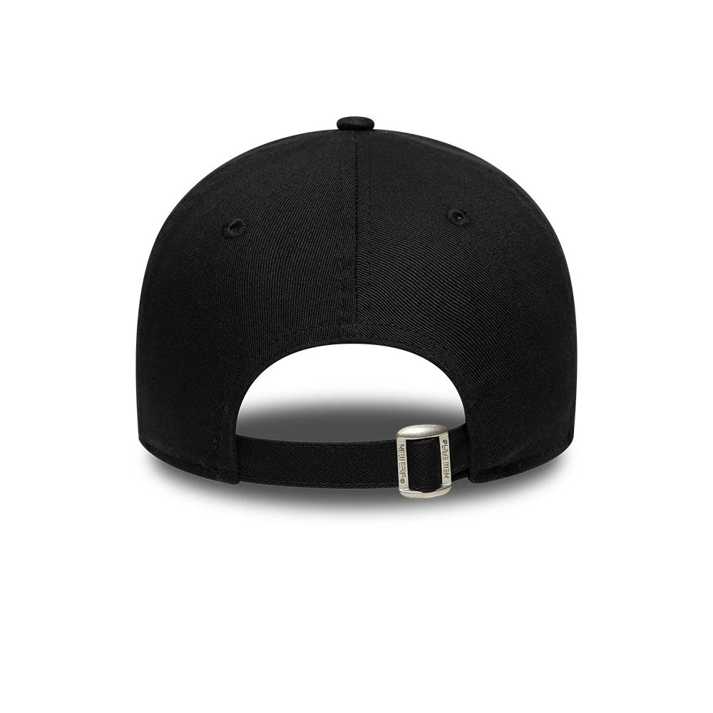 New Era Slogan Demure Black 9TWENTY Adjustable Cap, rear view showing the black fabric strap with a buckle and minimalistic design, featuring a round top button and embroidered eyelets on the structured black crown.