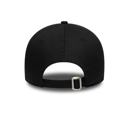 New Era Slogan Demure Black 9TWENTY Adjustable Cap, rear view showing the black fabric strap with a buckle and minimalistic design, featuring a round top button and embroidered eyelets on the structured black crown.