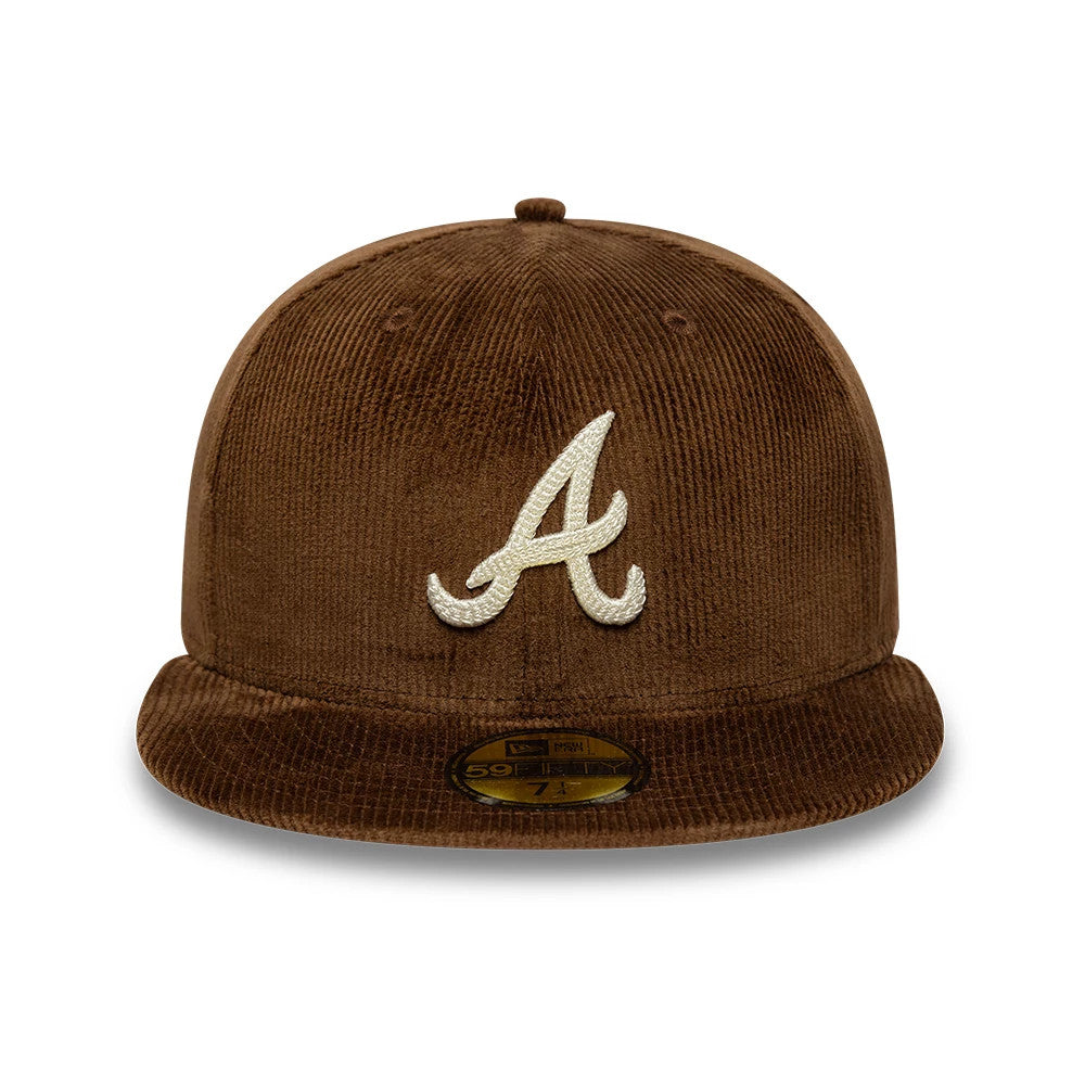 Atlanta Braves MLB Cord Dark Brown New Era 59FIFTY Fitted Cap, front view showing the cream raised embroidered A logo on the front panel, with a matching brown curved visor and a gold 59FIFTY size sticker on top.