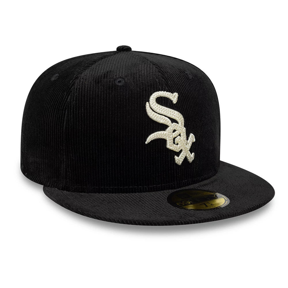 Chicago White Sox MLB Cord Black New Era 59FIFTY Fitted Cap, three-quarter view showing the white embroidered Sox logo on the structured black corduroy crown, with a flat black visor and a gold 59FIFTY size sticker.