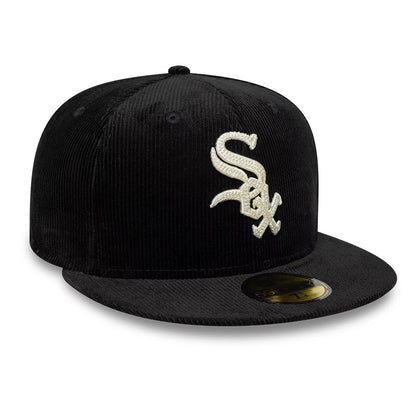 Chicago White Sox MLB Cord Black New Era 59FIFTY Fitted Cap, three-quarter view showing the white embroidered Sox logo on the structured black corduroy crown, with a flat black visor and a gold 59FIFTY size sticker.