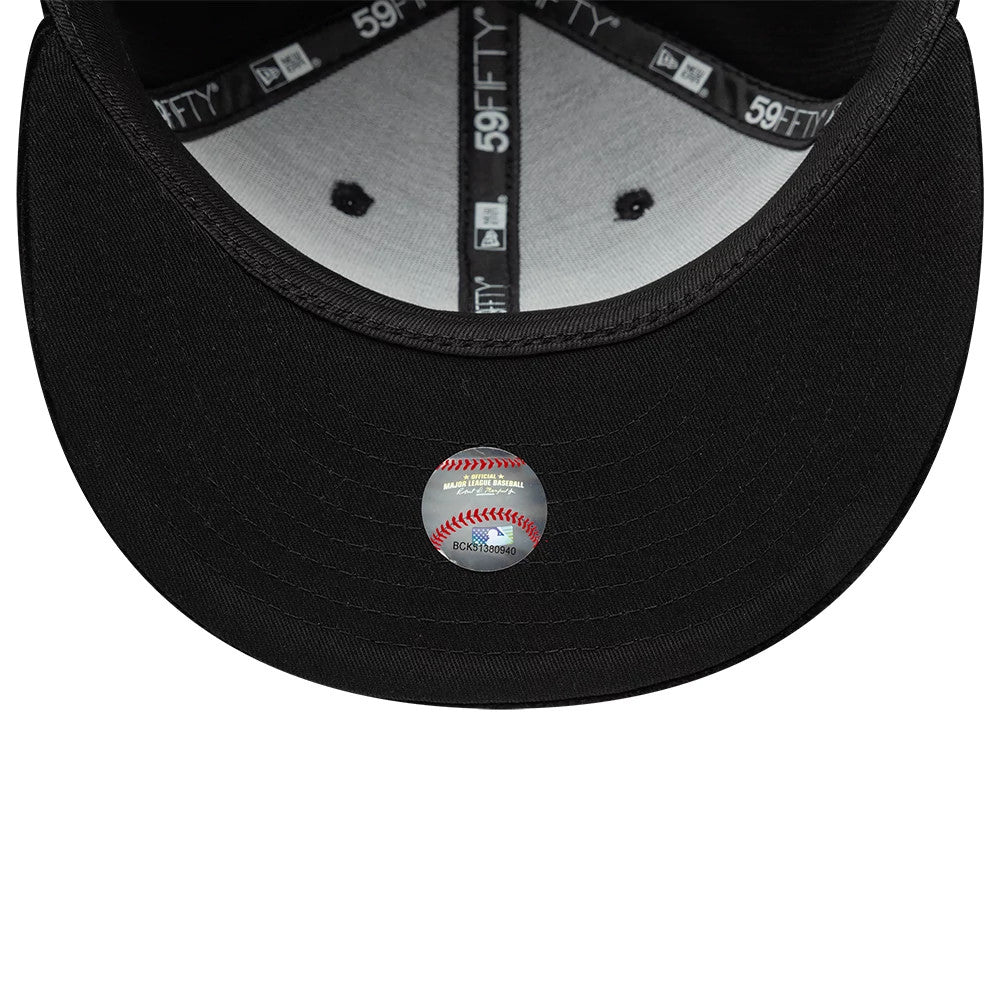 Chicago White Sox MLB Cord Black New Era 59FIFTY Fitted Cap, inside view showing black sweatband and taping with 59FIFTY branding, grey undervisor and a baseball graphic sticker at the centre.