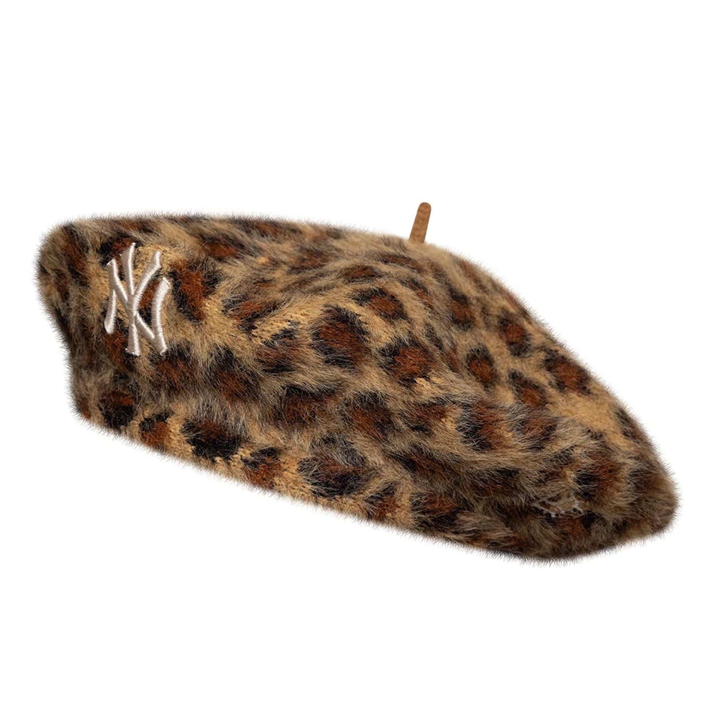 This is a New York Yankees Womens MLB Fuzzy Leopard Light Beige Beret  1