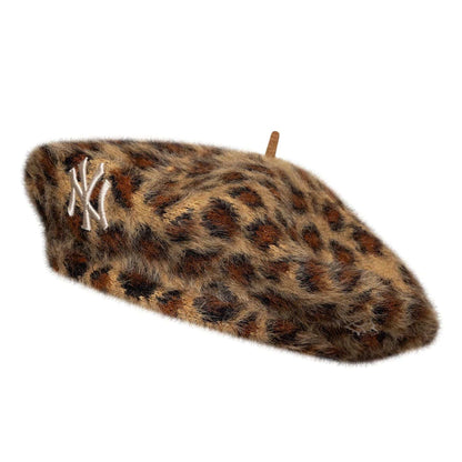 This is a New York Yankees Womens MLB Fuzzy Leopard Light Beige Beret  1