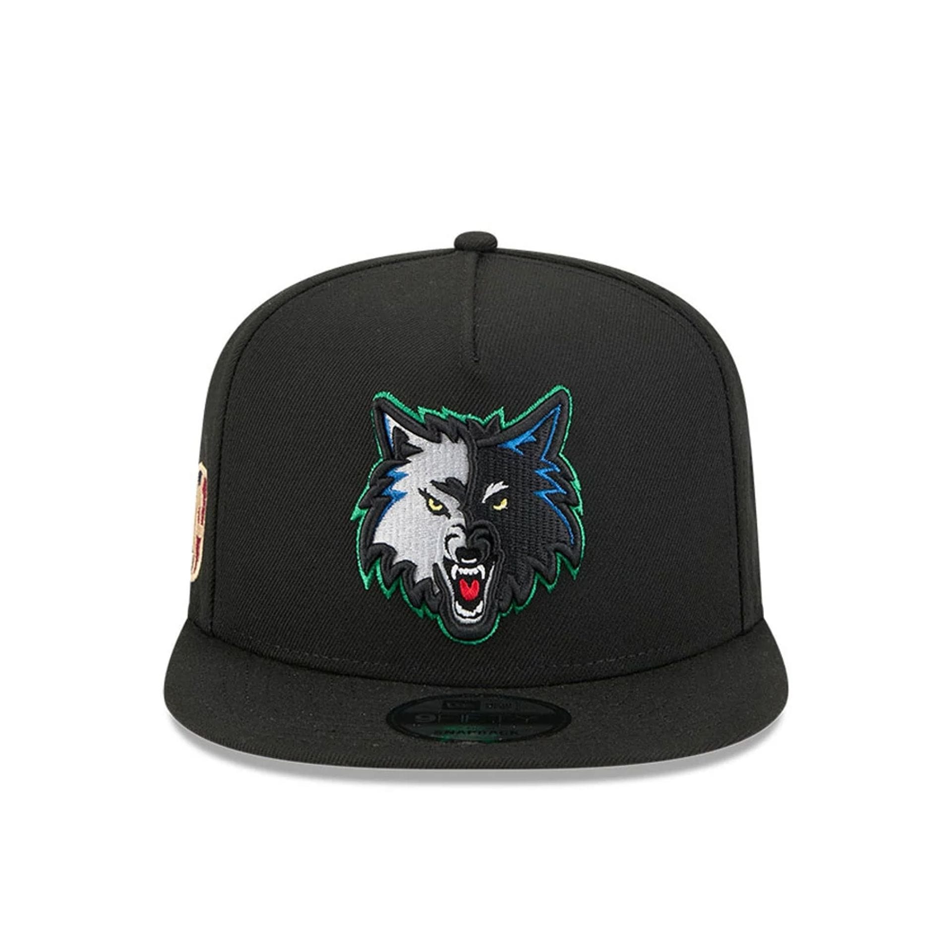Pictured is this NBA Classic Minnesota Timberwolves 9FIFTY A-Frame Snapback Adjustable cap in black. 3
