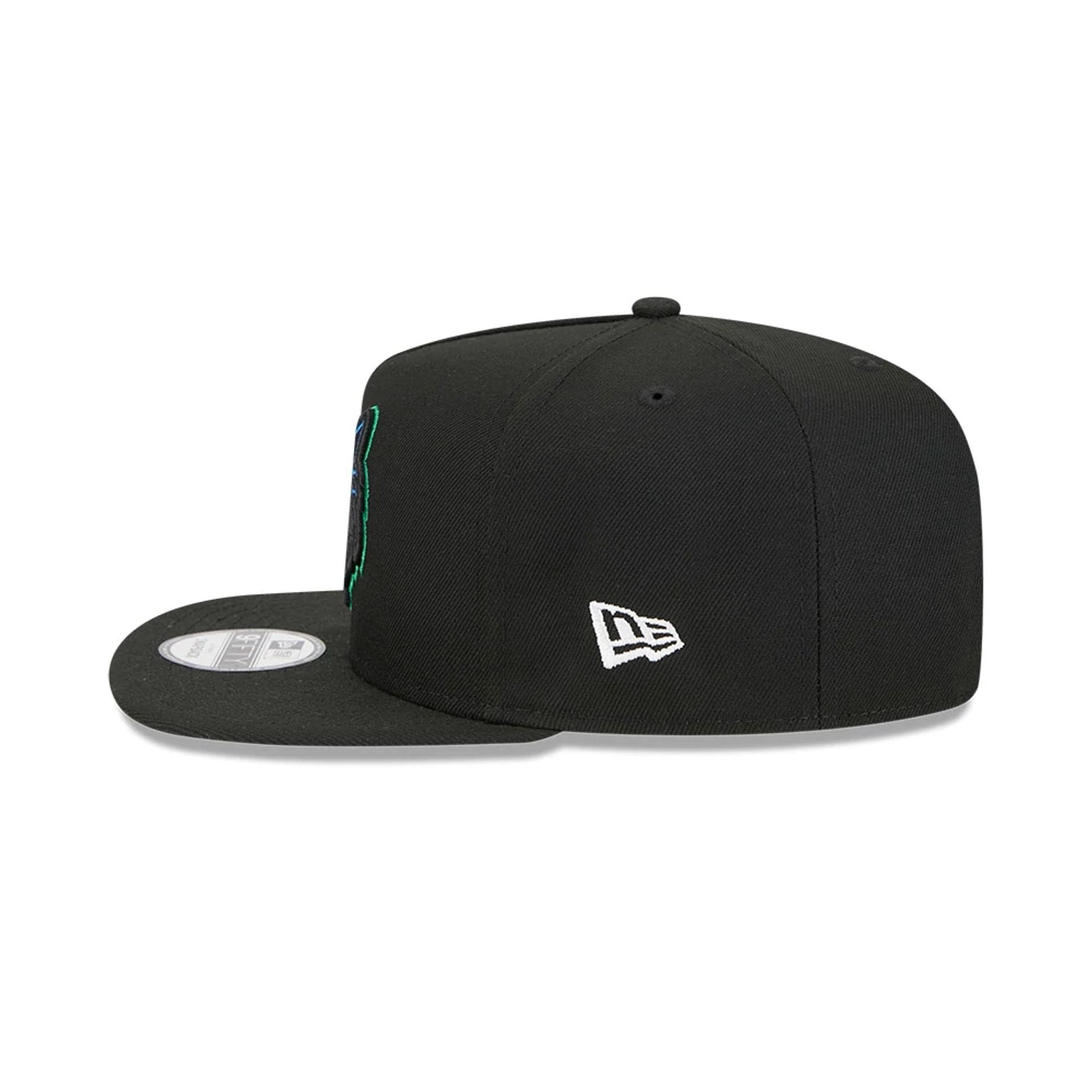 Pictured is this NBA Classic Minnesota Timberwolves 9FIFTY A-Frame Snapback Adjustable cap in black. 7