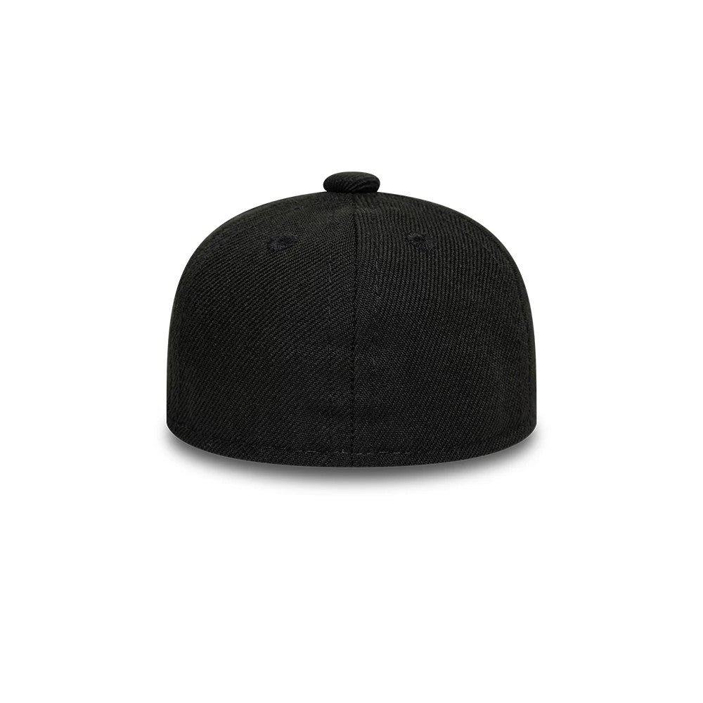 New Era Flag Logo Black Mini 59FIFTY Fitted Cap, rear view showing the seamless black crown with a matching top button and evenly spaced eyelets, finished with a clean edge along the base.
