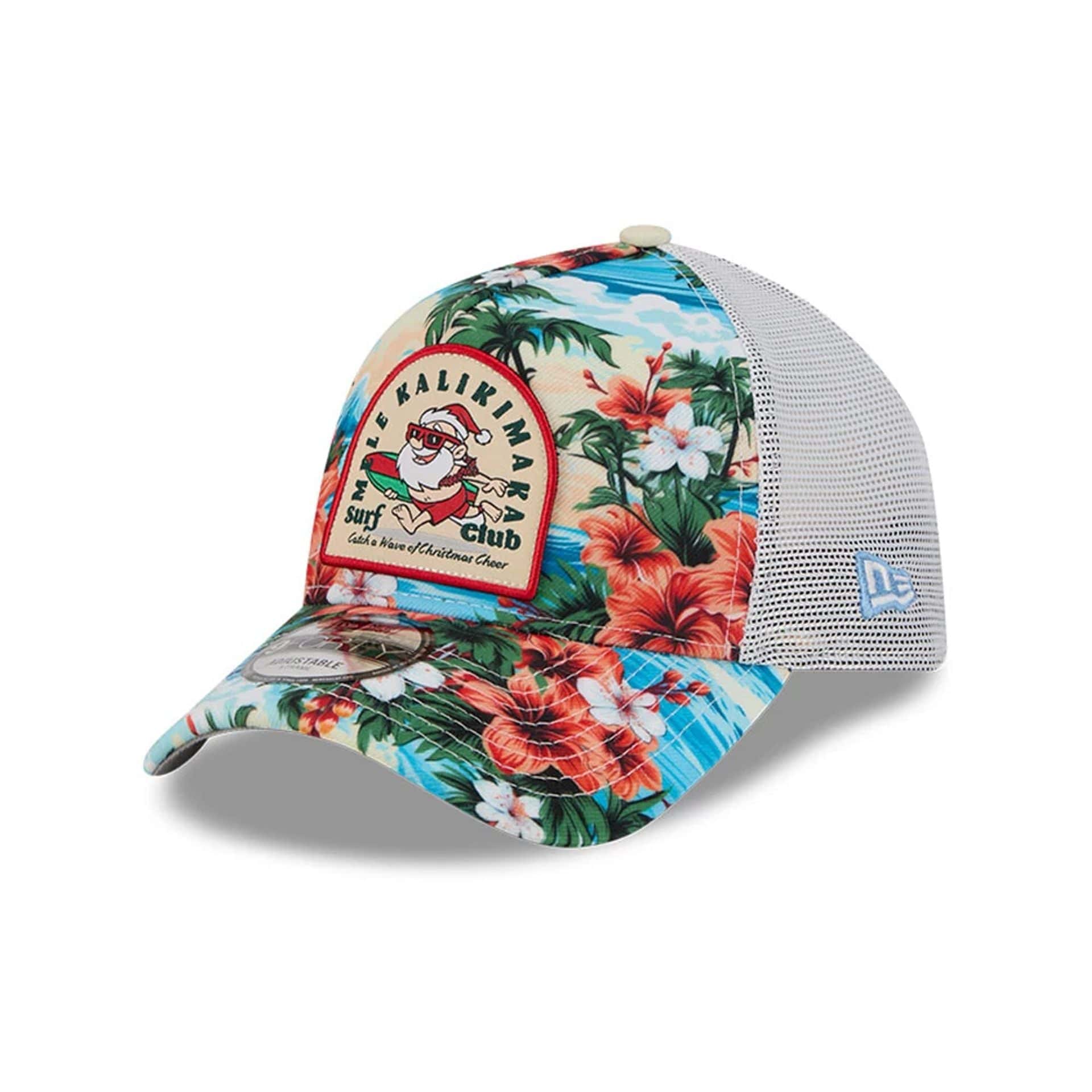 Pictured is this New Era Holiday Essentials 9FORTY A-Frame Trucker cap in white. 1