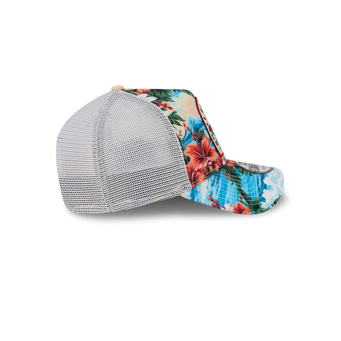 Pictured is this New Era Holiday Essentials 9FORTY A-Frame Trucker cap in white. 6