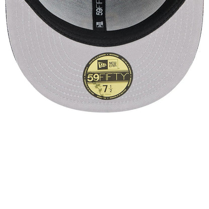 San Diego Padres MLB Cap Scramble Black New Era 59FIFTY Fitted Cap, inside view showing the grey undervisor with a central gold 59FIFTY size sticker and black interior taping featuring the New Era logo.