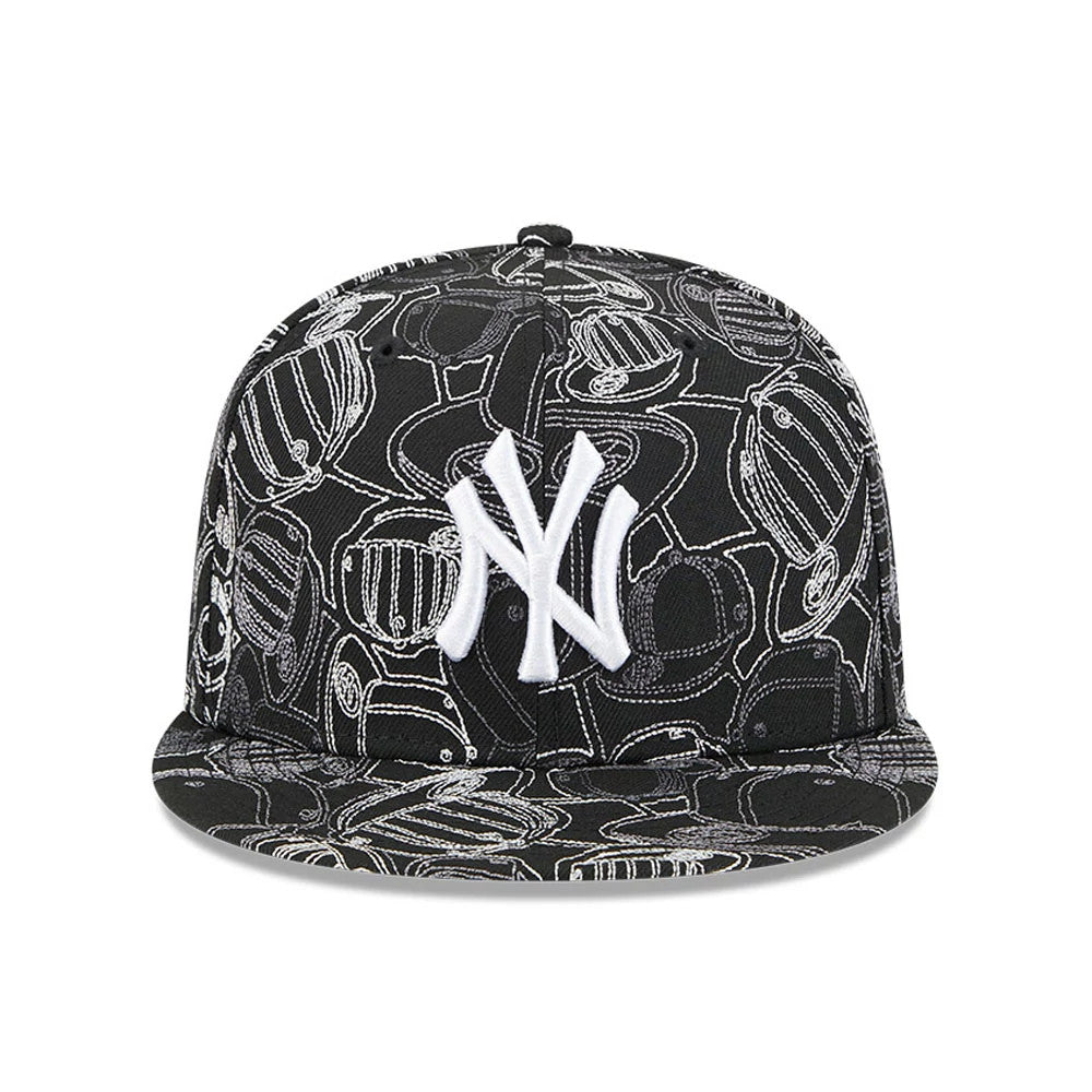 New York Yankees MLB Cap Scramble Black New Era 59FIFTY Fitted Cap, front view showing raised white NY logo embroidered on the front panel, with a black visor featuring a white outline scramble design and a top button.