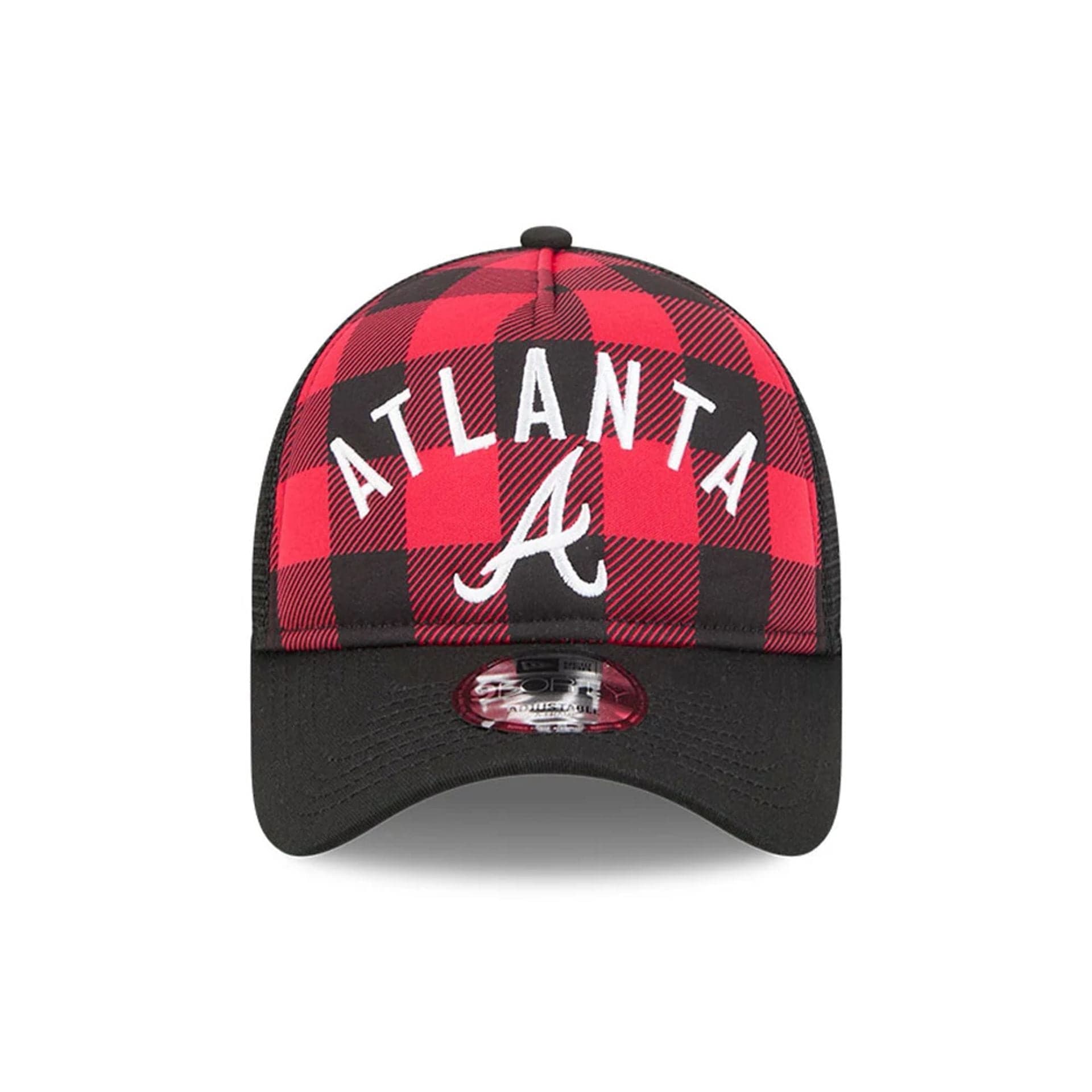 Pictured is this MLB Novelty Check Atlanta Braves 9FORTY A-Frame cap in black. 2