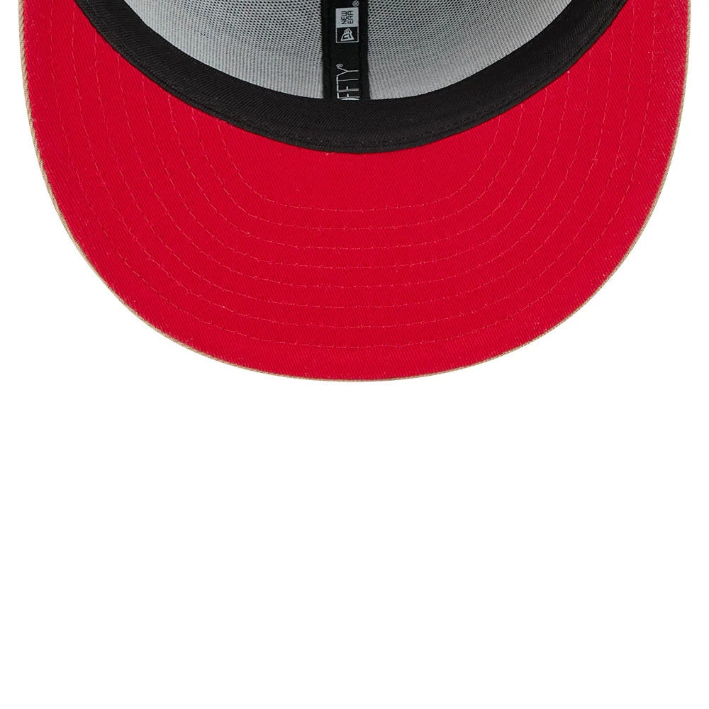 Teenage Mutant Ninja Turtles Pizza Tree Green New Era 59FIFTY Fitted Cap, inside view showing red undervisor, black sweatband and branded taping across the centre of the structured crown.